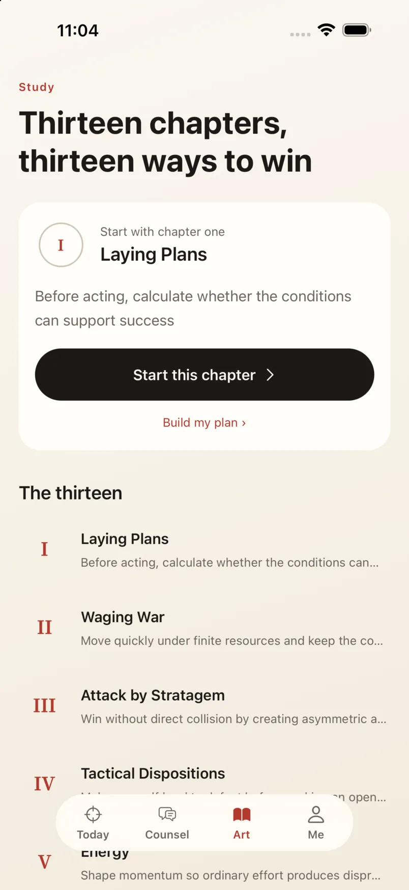 The app's chapters screen: all thirteen chapters, each with a one-line summary