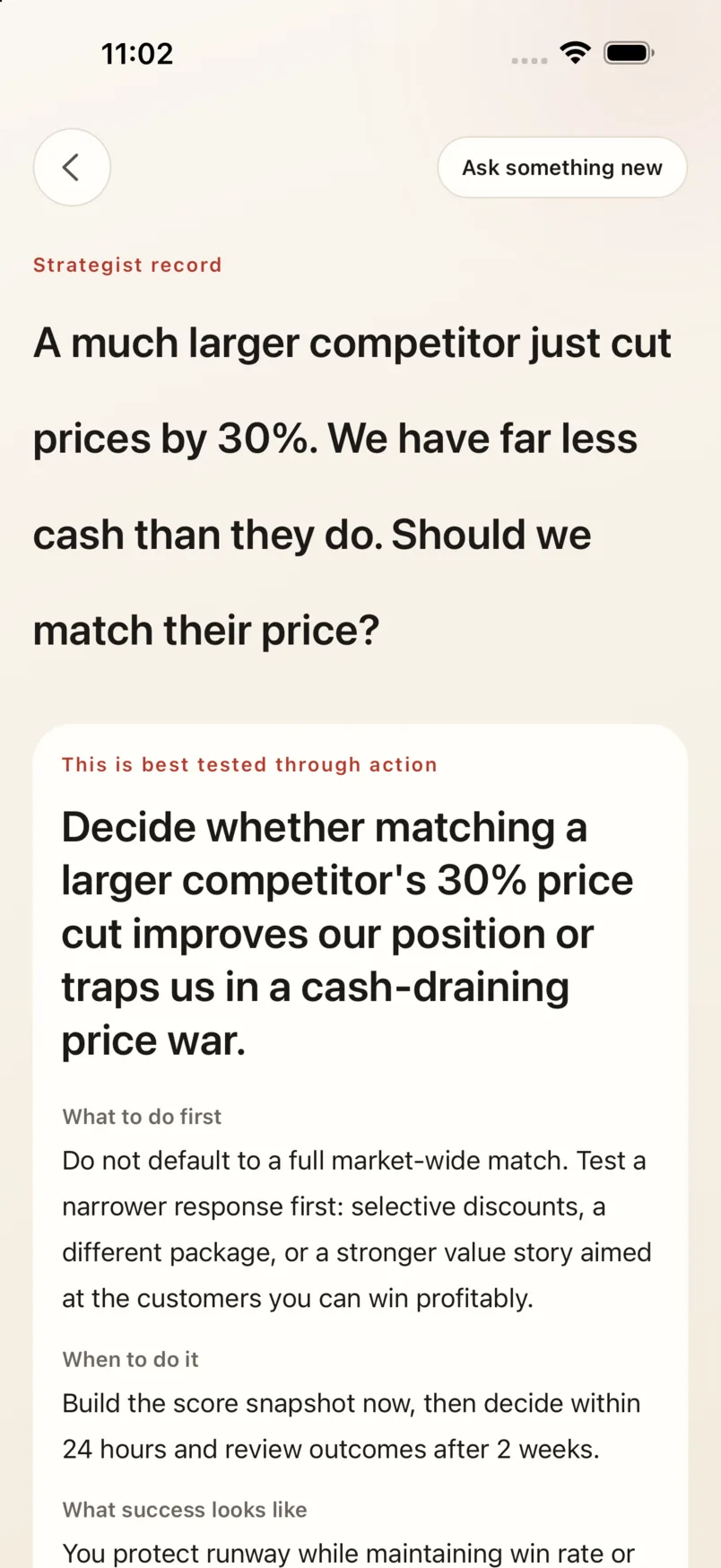 The app's Counsel screen: a price-war question answered from the Attack by Stratagem chapter, with the original passage