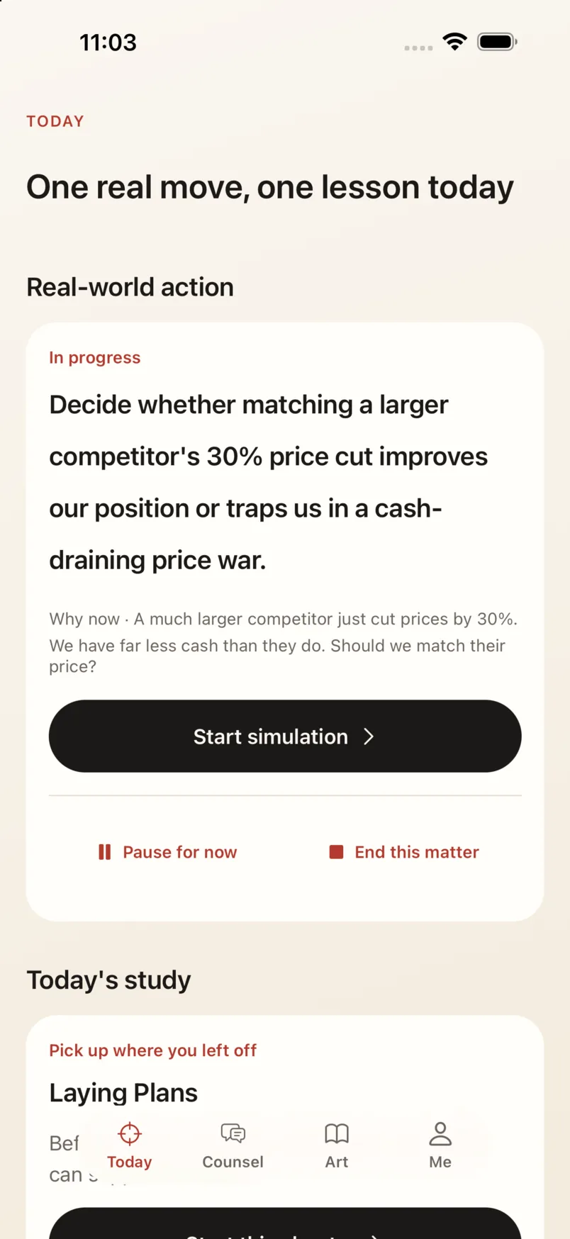 The app's Today screen: the matter in progress, and the way into the five-factor comparison